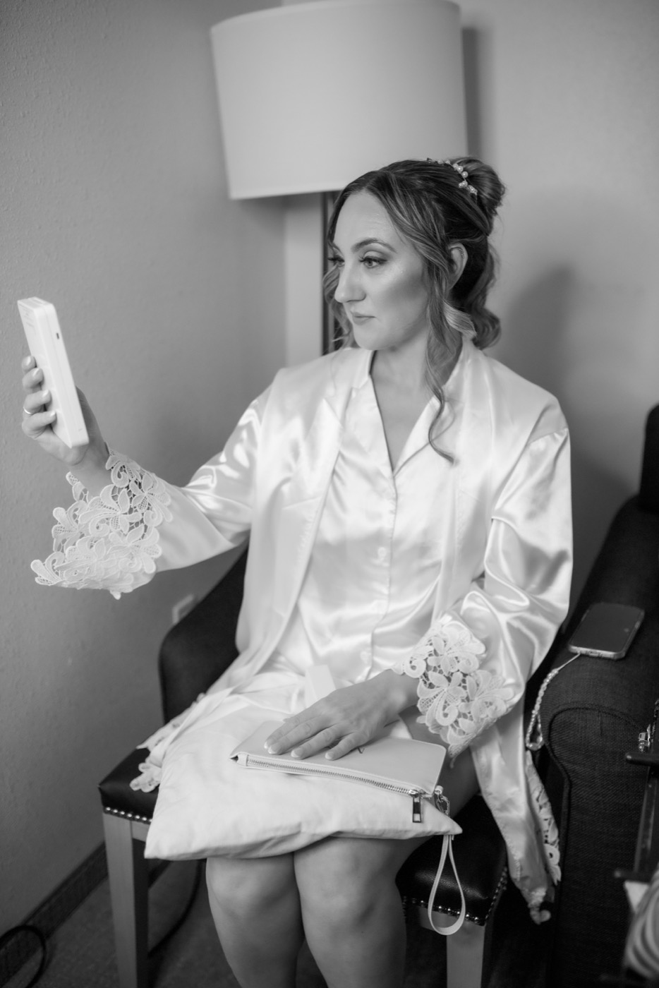Bride getting ready, black and white